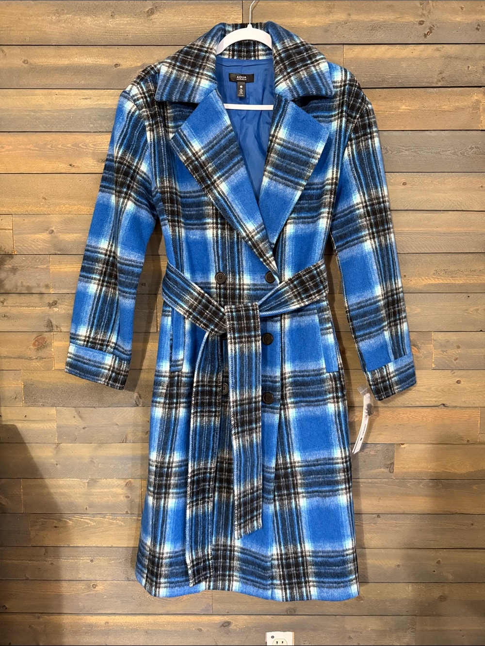 New AQUA Plaid Duster Trench Coat Medium Blue Elsbeth